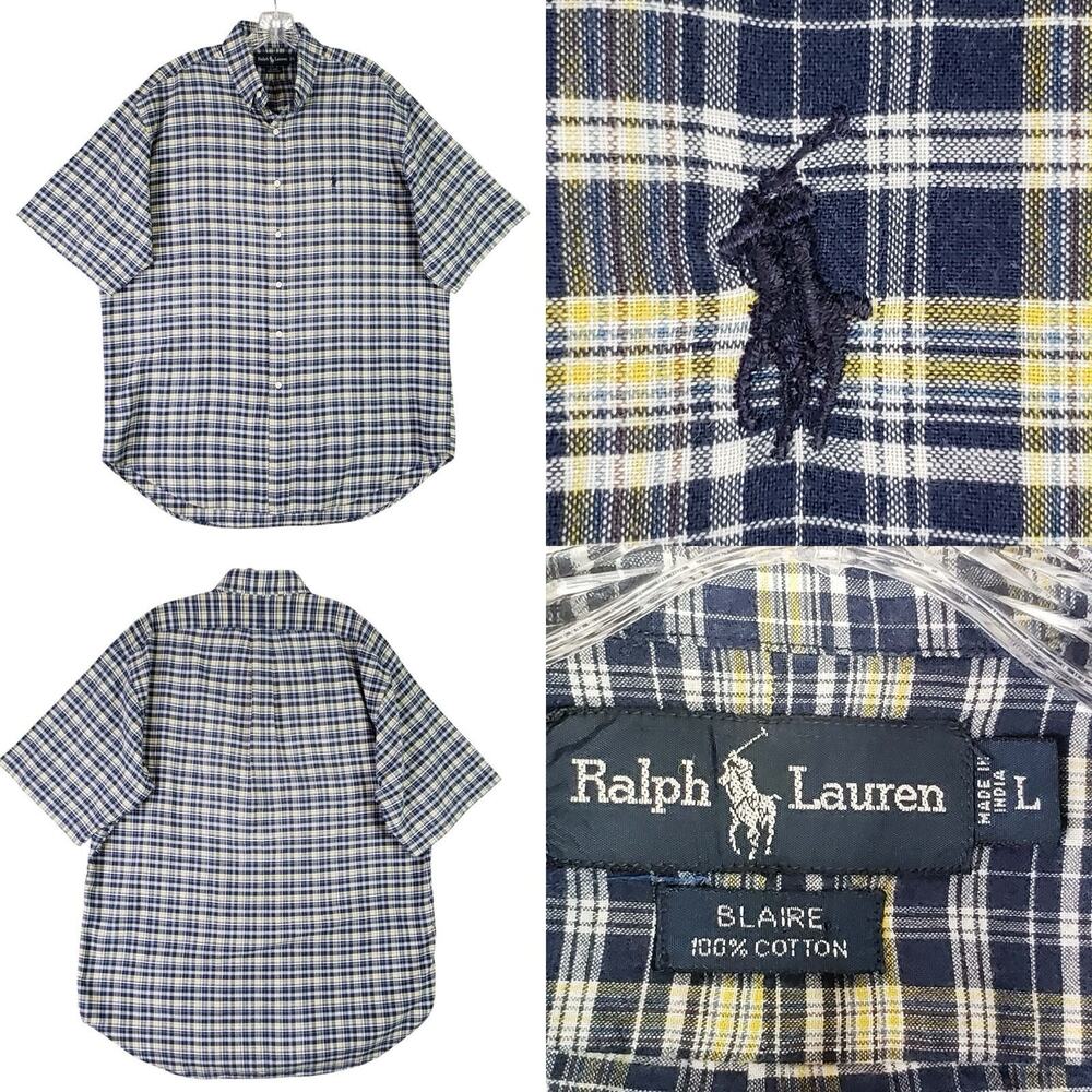 Polo Ralph Lauren Oxford Shirt Mens Size Large Blue Yellow Plaid Button Down SS